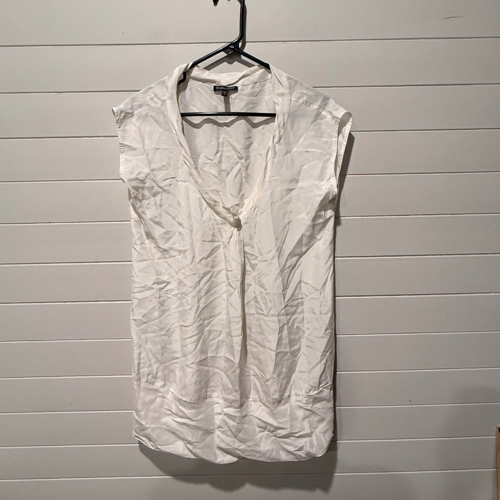 Eileen Fisher Silk Blend V-Neck Cap Sleeve Tunic Top M White Minimalist Luxe Sil